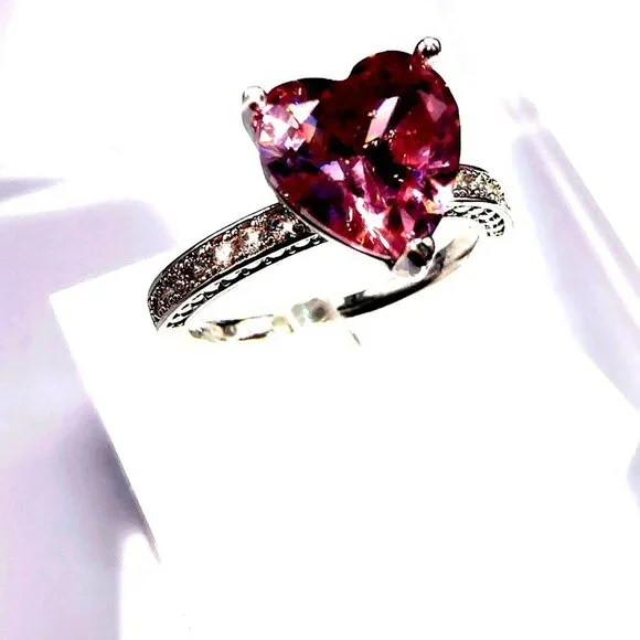 Pink Cubic Zirconia Heart Cut Ring Silver Tone Size 7 - Picture 7 of 9